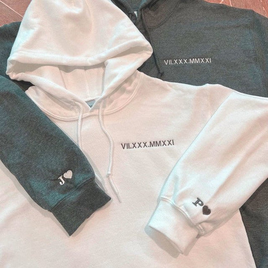 Custom Embroidered Roman Numeral Sweatshirt, Couple Shirt Initial On Sleeve, Anniversary Year - Oriembroly LLC