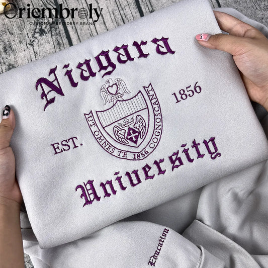 University hoodie with custom text and classic college font